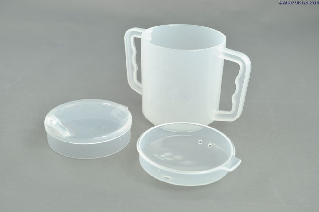 Able2 2 Handled Mug 2 Lids with Spout Anti Spill Plastic Elderly Disabled Cup 250ml PR65123