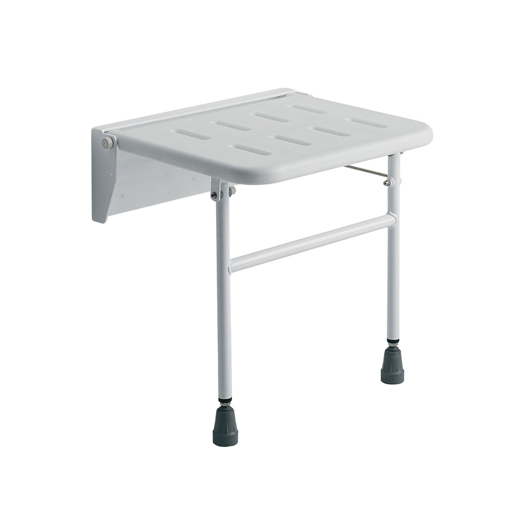 Roma Wall Mounted Shower Seat 4238 Plastic and Metal White Drop Down With Adjustable leg supports Heavy Duty 25 stone weight limit