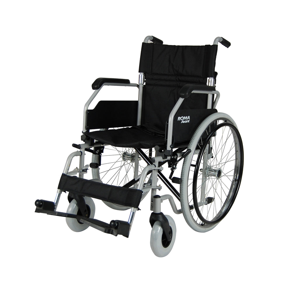 Fauteuil roulant autopropulseur Roma Avant 1610 bleu ou argenté, testé contre les chocs
