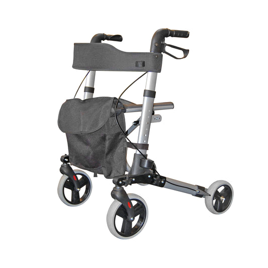 Déambulateur Rollator Roma Medical, pliable, ultra léger, luxe, en aluminium argenté, avec 4 roues et siège, pour la ville, modèle 2465
