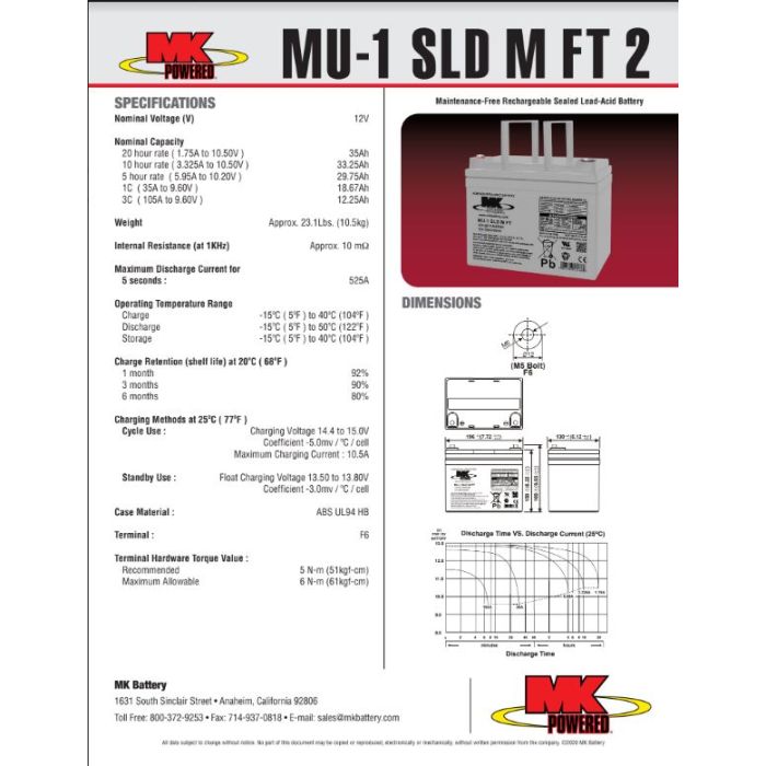MK Battery 12V 34AH 35AH SLA Sealed Lead Acid for Stairlift Scooter or Hoist