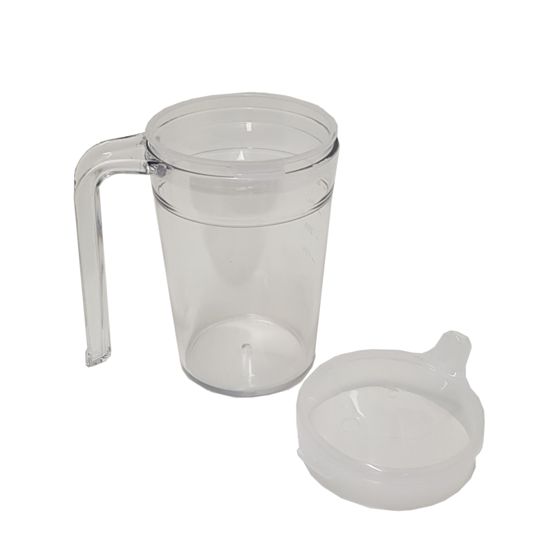 Able2 Clear Sturdy Strong Plastic Safety Drinking Cup Mug Flask with handle & 2 lids PR65100
