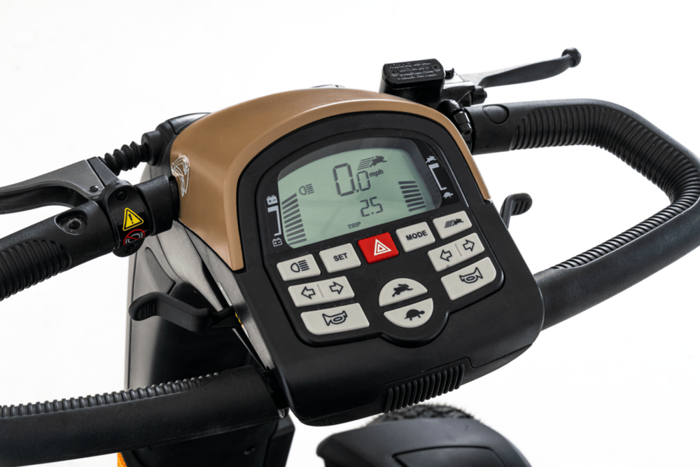 Scooter de mobilité Pride Baja Wrangler tout-terrain haut de gamme de luxe, grand monstre robuste 8 mph à 4 roues, jaune désert ou bleu véritable