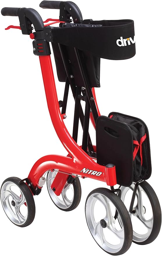 Drive Devilbiss Nitro Small Petite Mini Compact 4 Wheel Walker Under 5Ft 3 Lightweight Folding Walker Rollator Seat Red 724100200