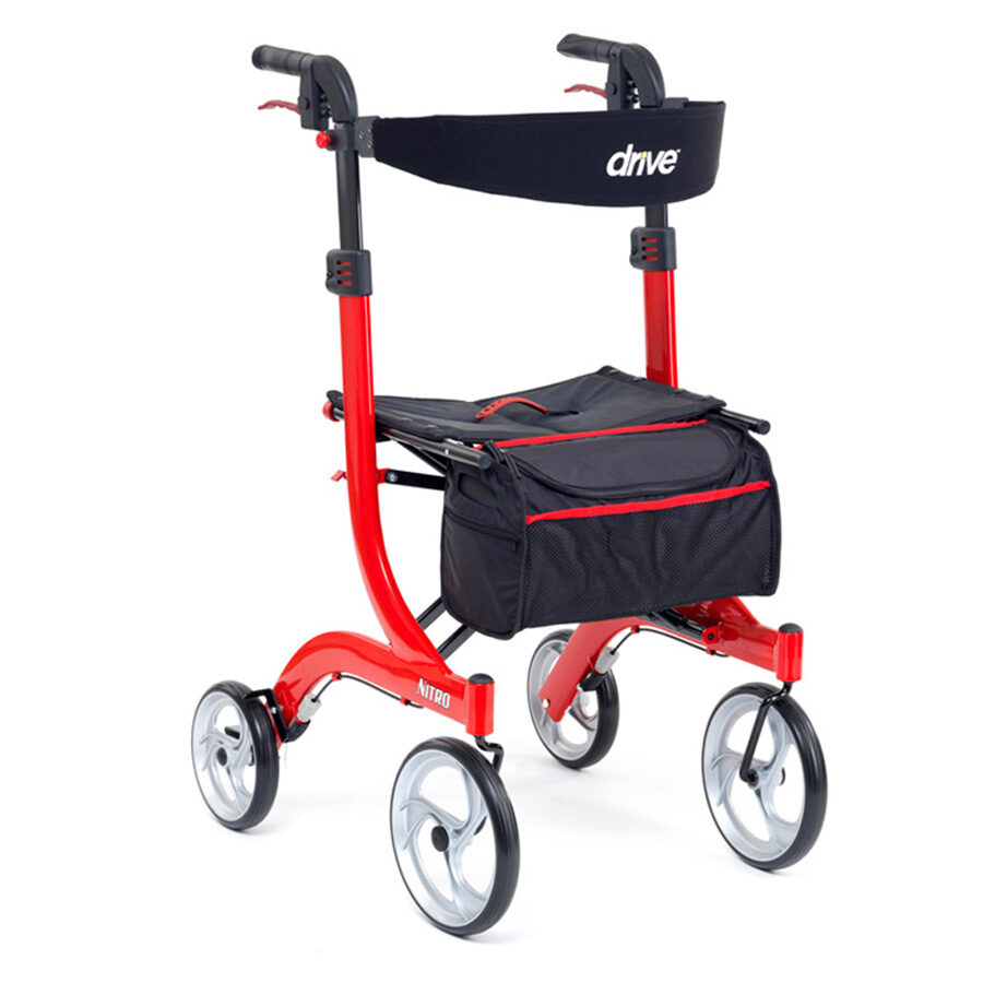 Drive Devilbiss Nitro Tall 4 Wheel Walker Lightweight Folding Walker Rollator Seat Red 6 Feet Height Above