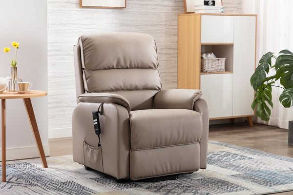 GFA Valencia Electric Rise and Recliner Armchair PU Leather Upholstery In Pebble or Fabric Grey or Fabric Wheat