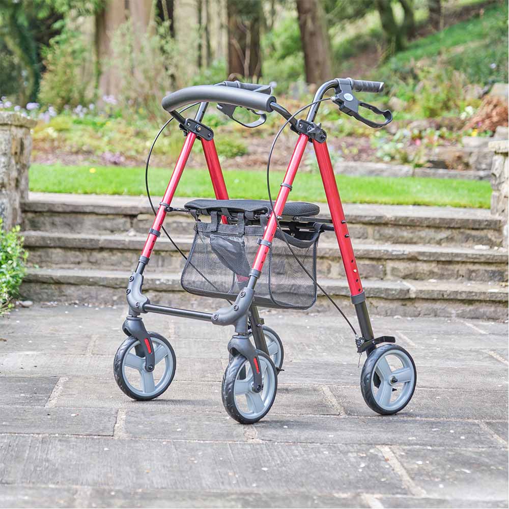 NRS Super Lightweight Folding Rollator 4 Wheel Walker With Seat and Bag M88719 Red Compact