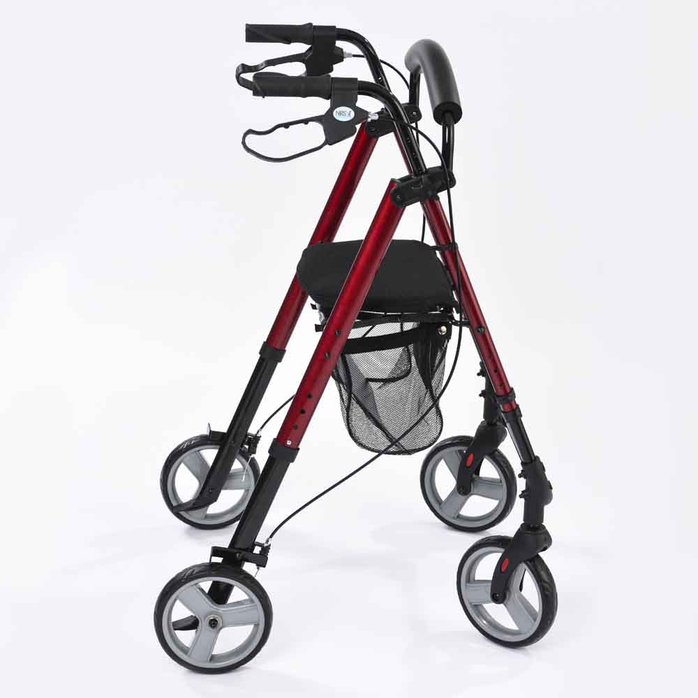 NRS Super Lightweight Folding Rollator 4 Wheel Walker With Seat and Bag M88719 Red Compact