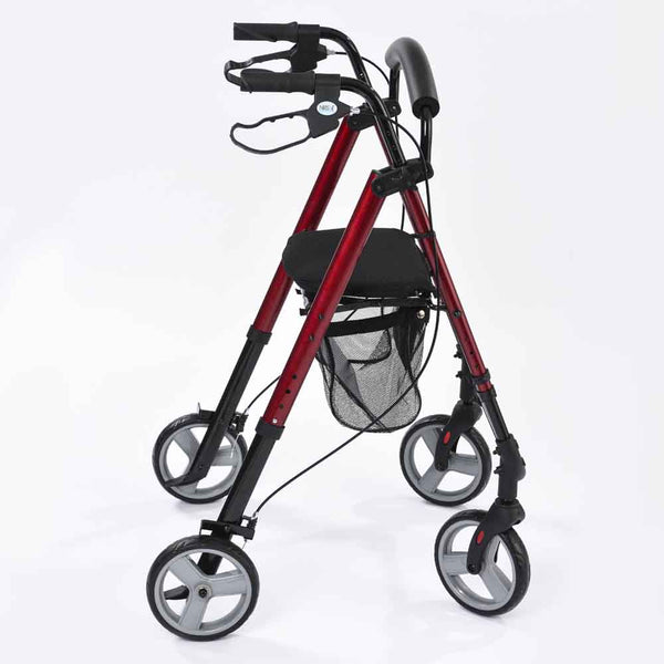 NRS Super Lightweight Folding Rollator 4 Wheel Walker With Seat and Bag M88719 Red Compact