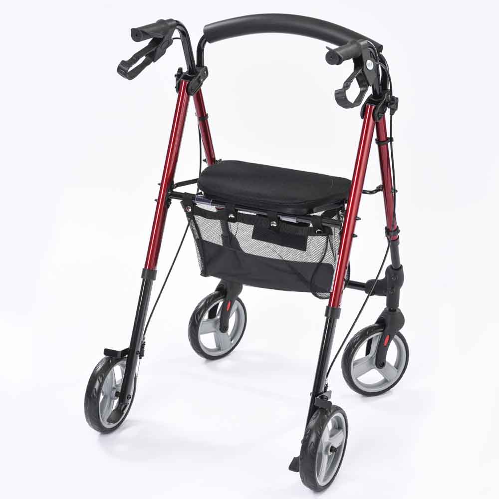 NRS Super Lightweight Folding Rollator 4 Wheel Walker With Seat and Bag M88719 Red Compact