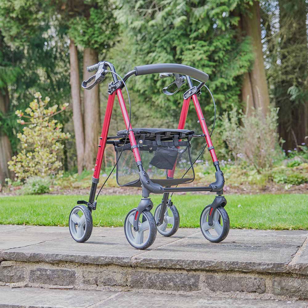 NRS Super Lightweight Folding Rollator 4 Wheel Walker With Seat and Bag M88719 Red Compact
