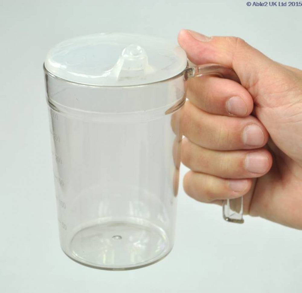 Able2 Clear Sturdy Strong Plastic Safety Drinking Cup Mug Flask with handle & 2 lids PR65100