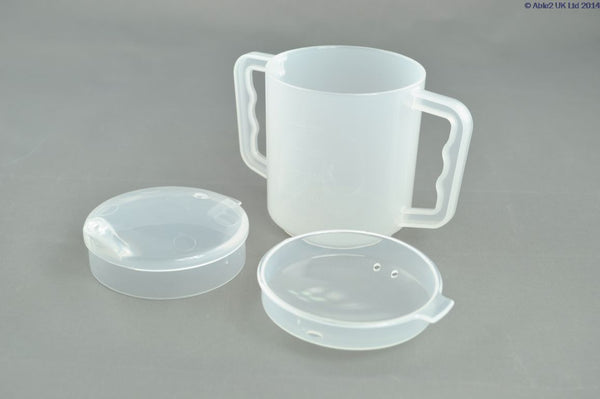 Able2 2 Handled Mug 2 Lids with Spout Anti Spill Plastic Elderly Disabled Cup 250ml PR65123