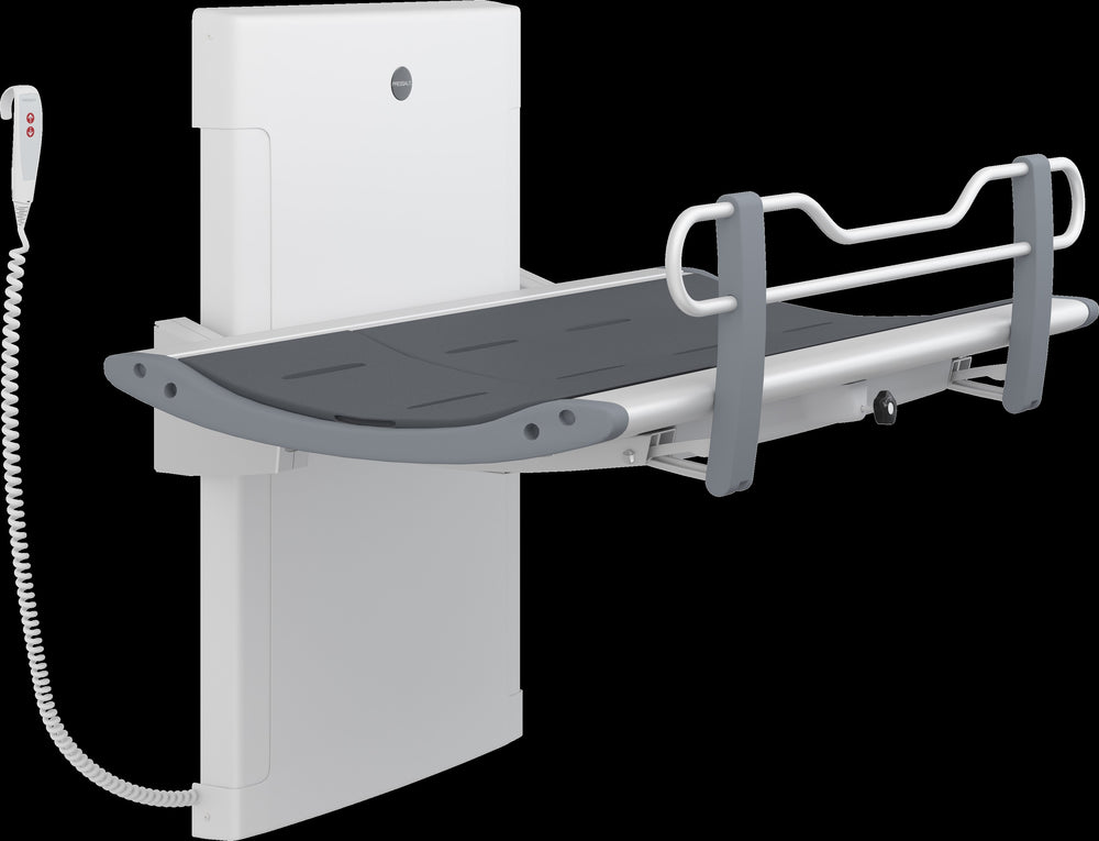 R8582313301 Table à langer et douche Pressalit SCT 3000, grise, longueur 1410mm, pliable, électrique, avec barrière de sécurité