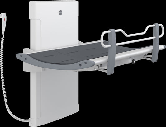 R8582313301 Table à langer et douche Pressalit SCT 3000, grise, longueur 1410mm, pliable, électrique, avec barrière de sécurité