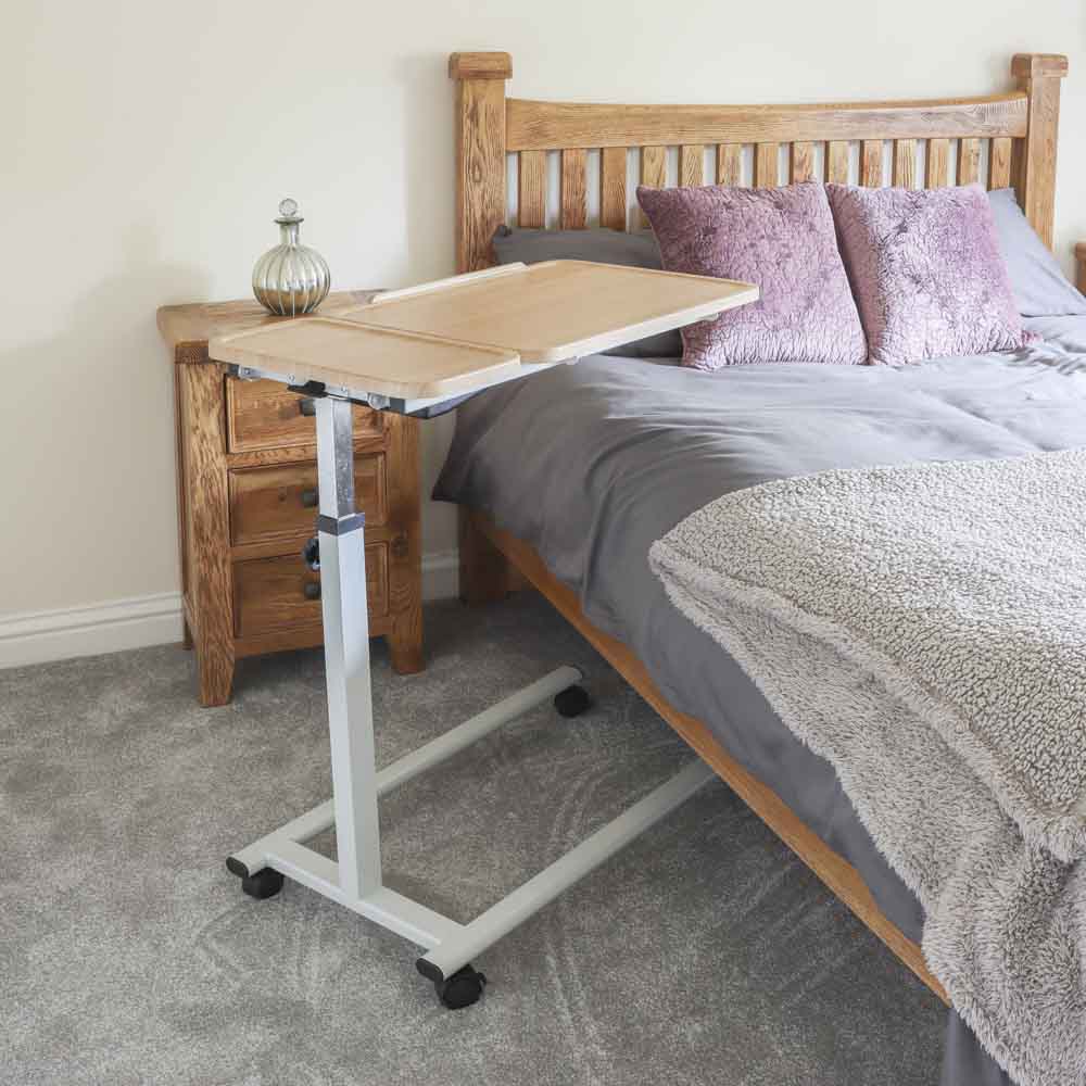 S13909 NRS Easylift Home Care Split top Over Bed Chair Wheelchair Table Gas Lift Adjust 4 Wheels