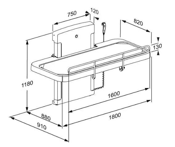 SCT 2000 2100 Pressalit Wall Mounted Shower Change Table Powered Height Adjust Folding Safety Rail R8581418000