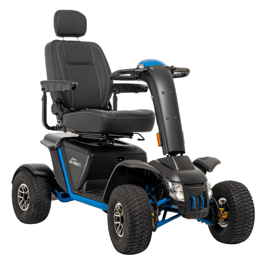 Scooter de mobilité Pride Baja Wrangler tout-terrain haut de gamme de luxe, grand monstre robuste 8 mph à 4 roues, jaune désert ou bleu véritable