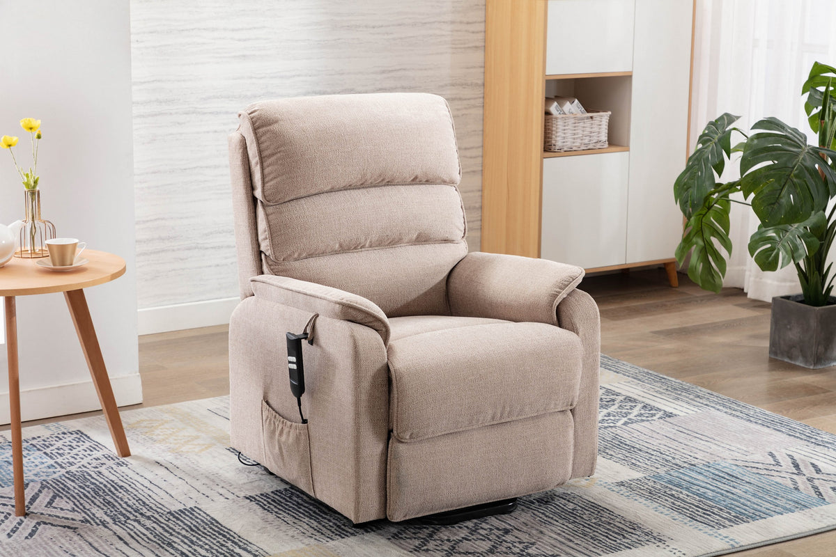 GFA Valencia Electric Rise and Recliner Armchair PU Leather Upholstery In Pebble or Fabric Grey or Fabric Wheat
