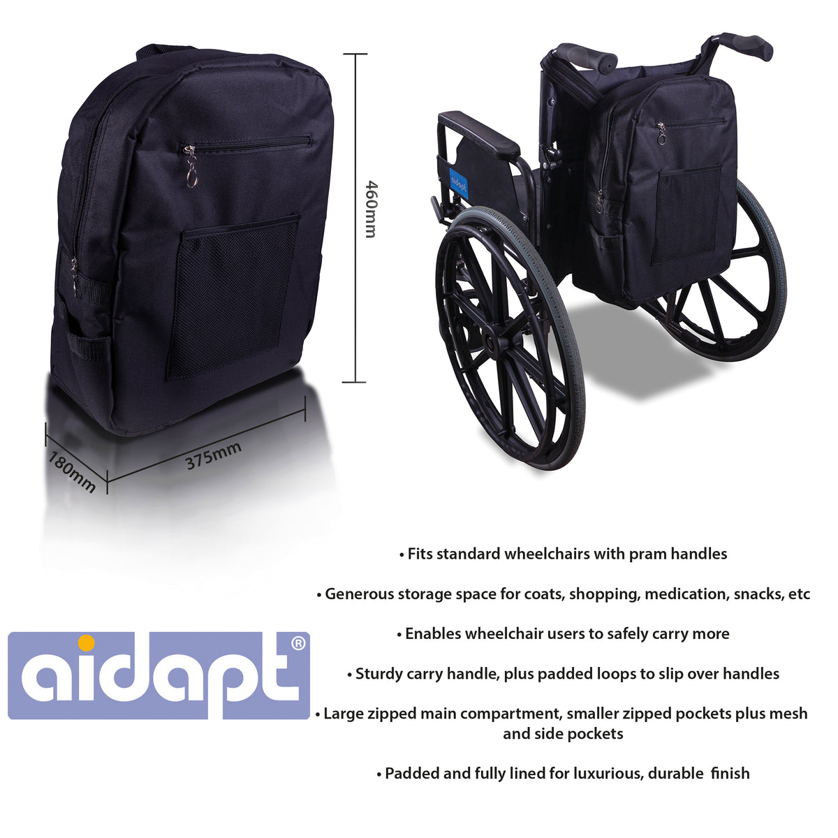 Aidapt Deluxe Lined Wheelchair Bag Rucksack Black Slip Over Handles Waterproof VA136SS