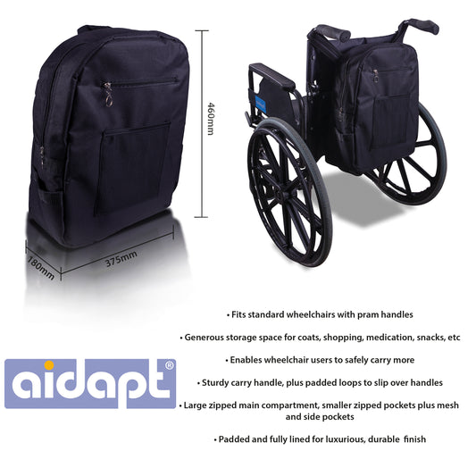 Sac à dos pour fauteuil roulant doublé de luxe Aidapt Noir Imperméable à enfiler sur les poignées VA136SS