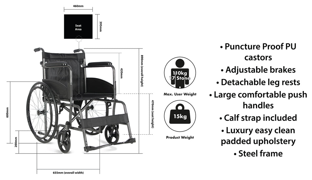 Aidapt Deluxe self Propelled Transit Chair VA163HAM and replacement footrests