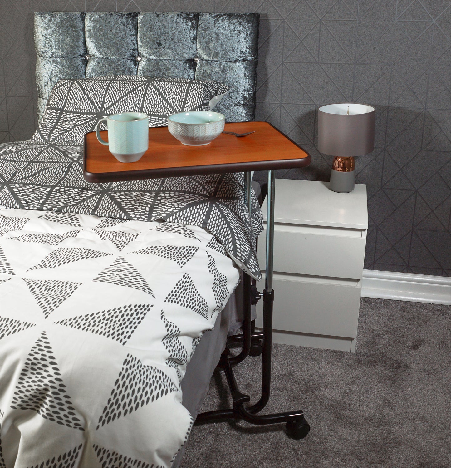 Aidapt Canterbury Dark Wood Over Bed Chair Under Table Hospital Type Adjustable Tilt Top With or Without Wheels VG832AA VG866A