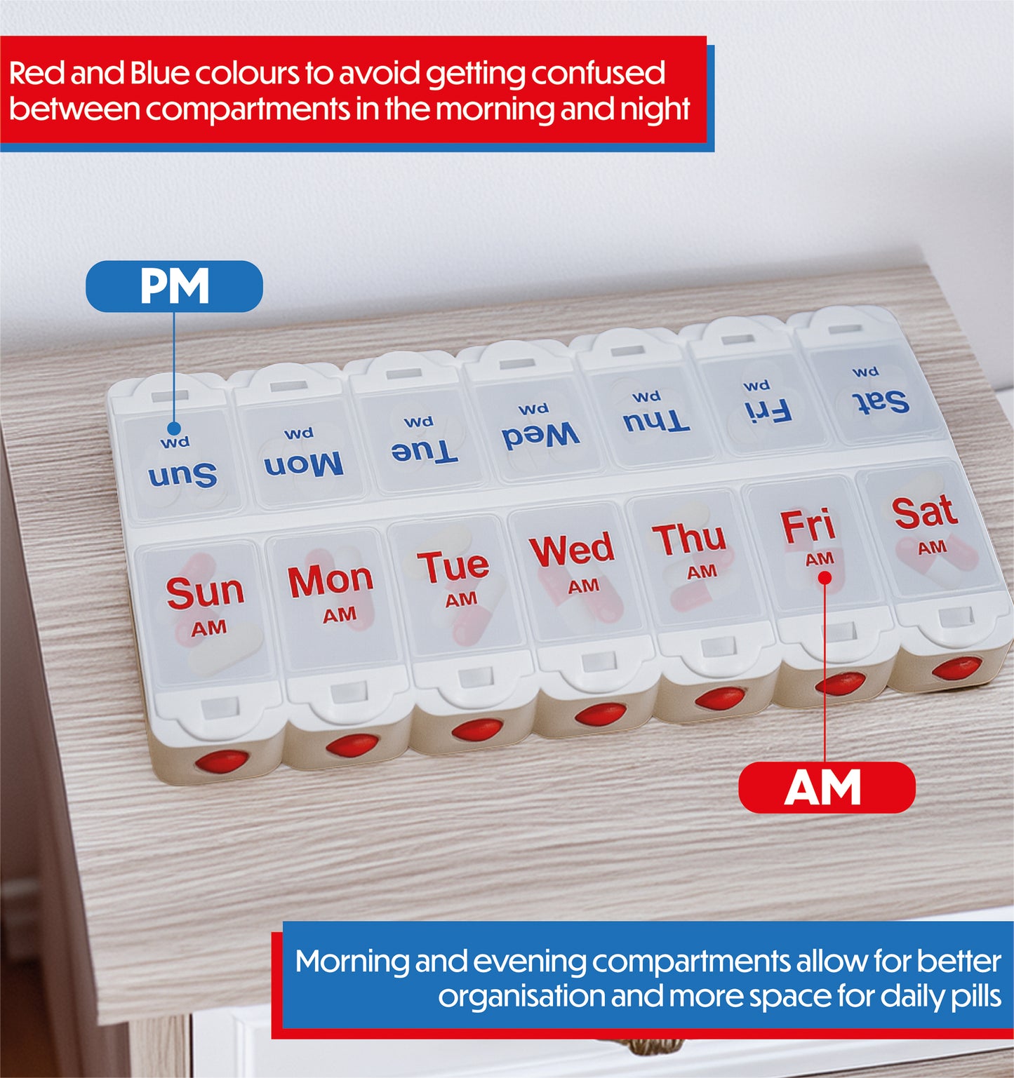 Aidapt Deluxe AM/PM Weekday Pill Dispenser with Push Button Release VM931AB