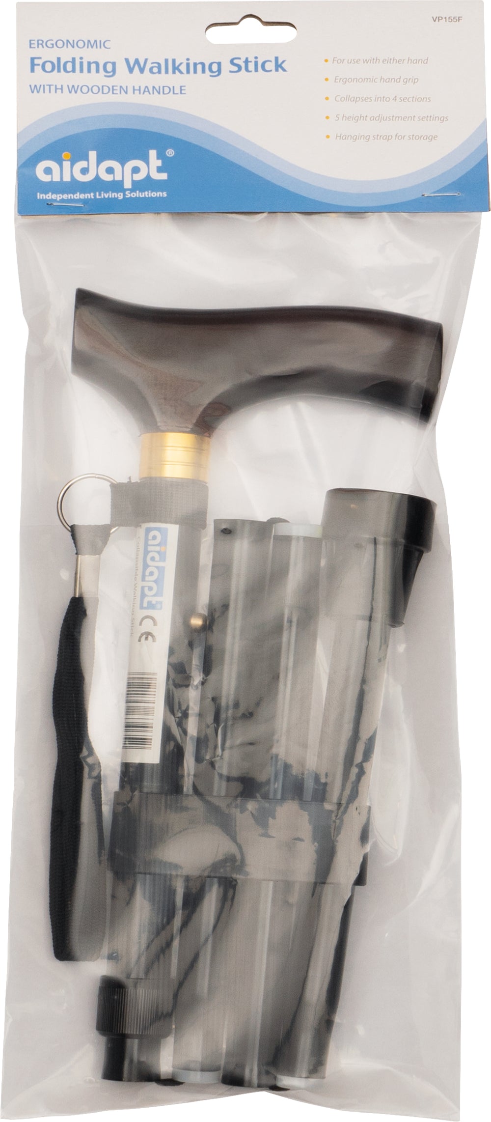 Canne de marche pliable Aidapt avec poignée en bois VP155F