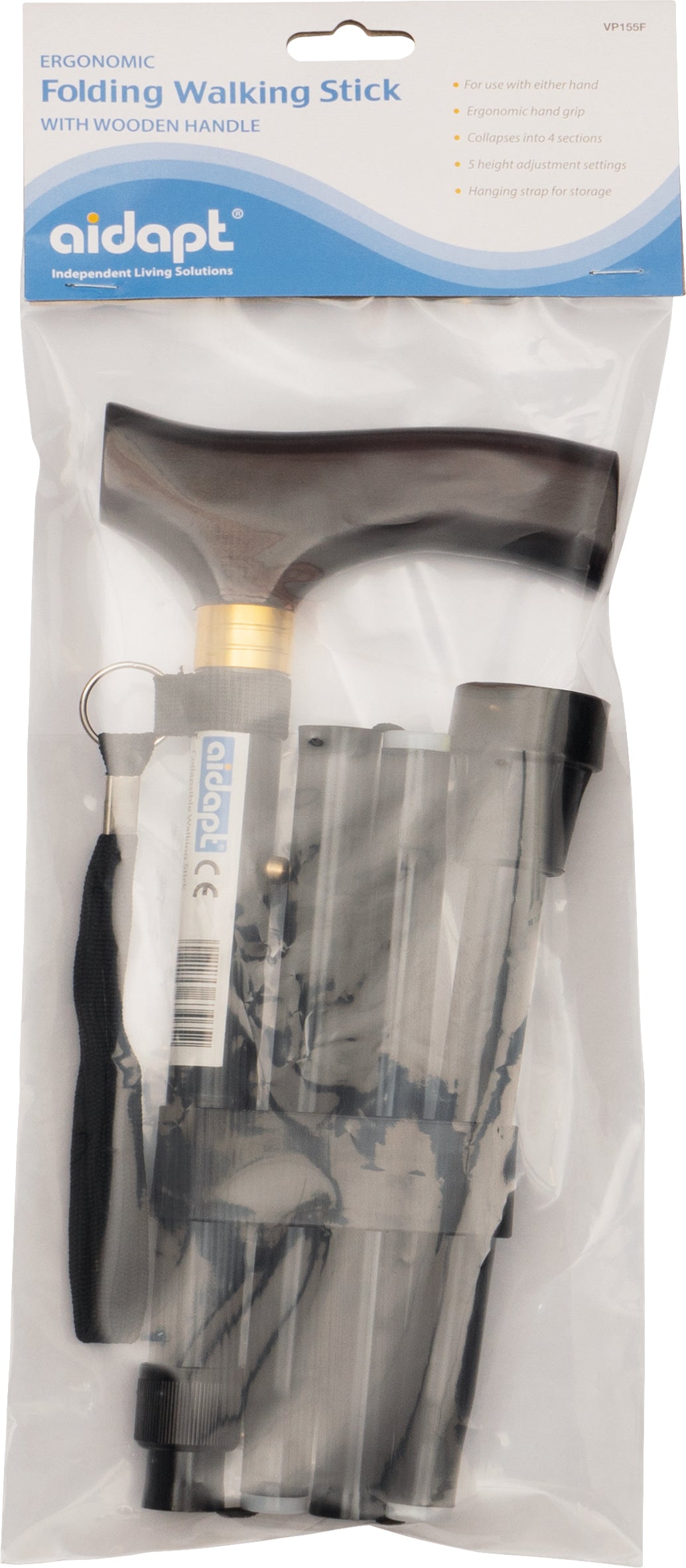 Canne de marche pliable Aidapt avec poignée en bois VP155F