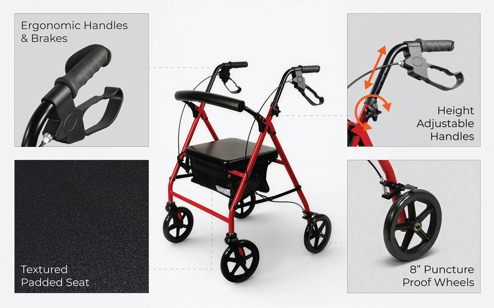 Aidapt Four Wheeled Rollator with Bag available in Red, Blue and Silver
