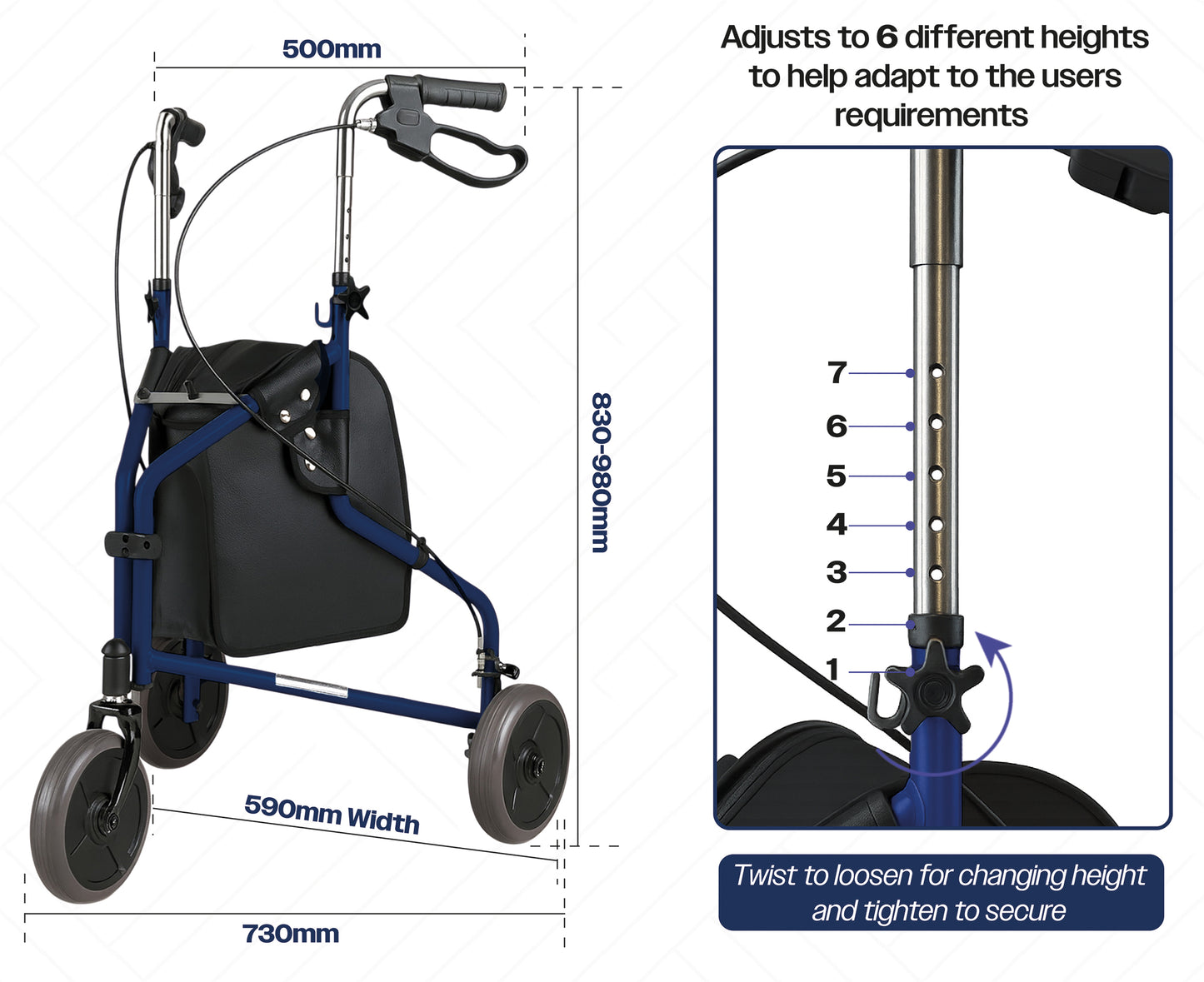 Aidapt Three Wheeled Steel Folding Tri Walker VP174 With Shopping Bag