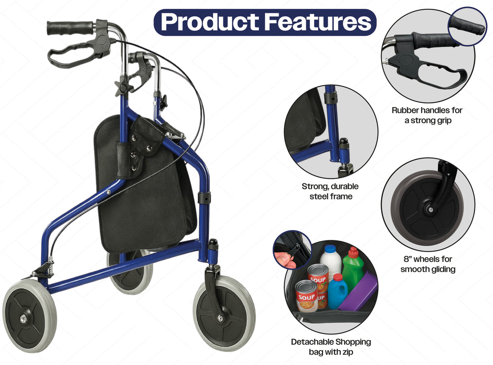 Aidapt Three Wheeled Steel Folding Tri Walker VP174 With Shopping Bag