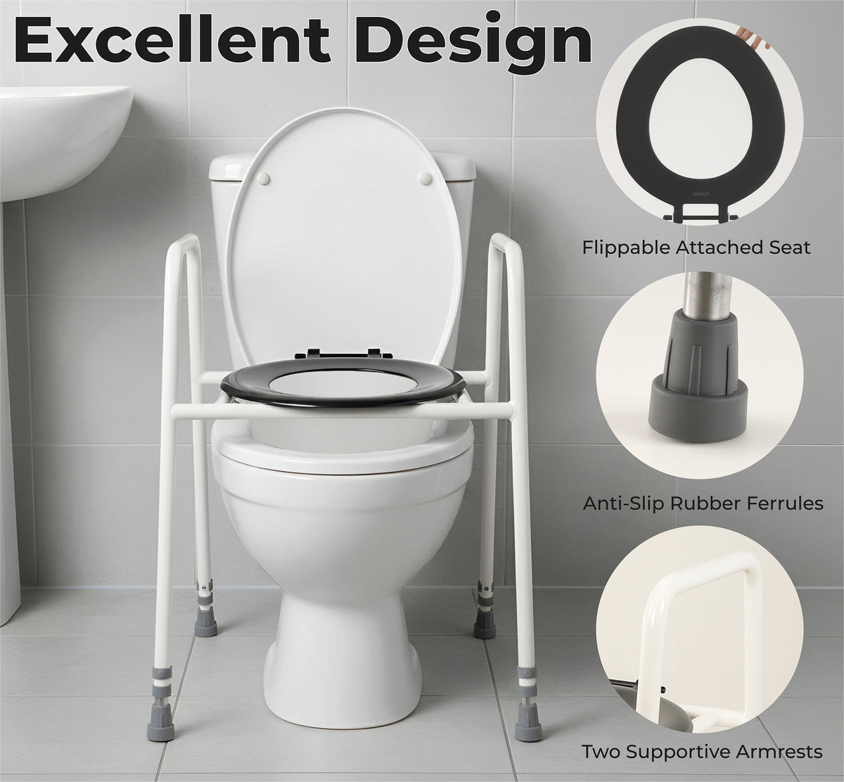 Aidapt Solo Skandia Adjustable Height Toilet Frame with Sleeve free standing or floor fixed VR157
