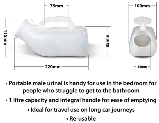 Aidapt Male Urinal With Handle and Lid Seals 1000ml Plastic Bottle Re Use Washable VR270AA