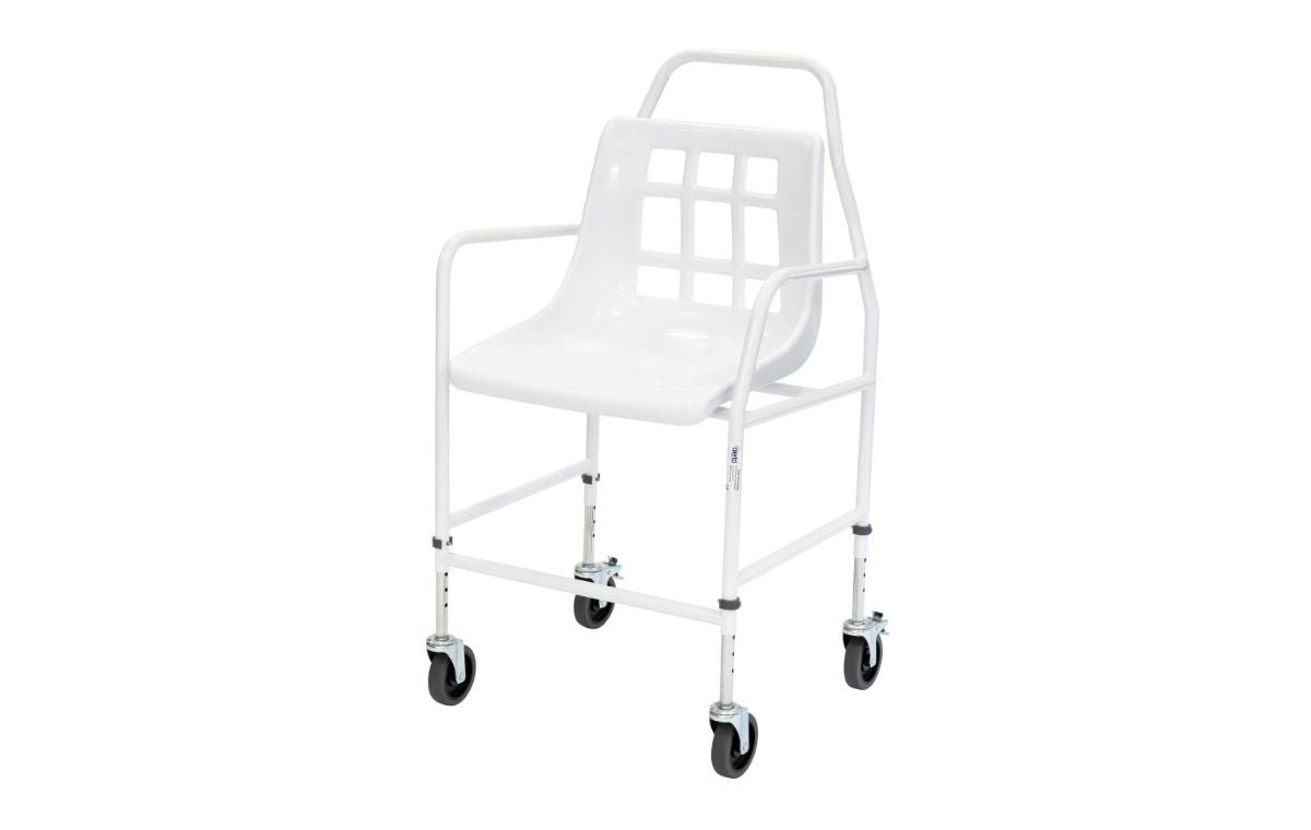 Alerta Walk In Shower Mobile Shower Chair White Wheeled 4 wheels Adjustable Height ALT-BE004