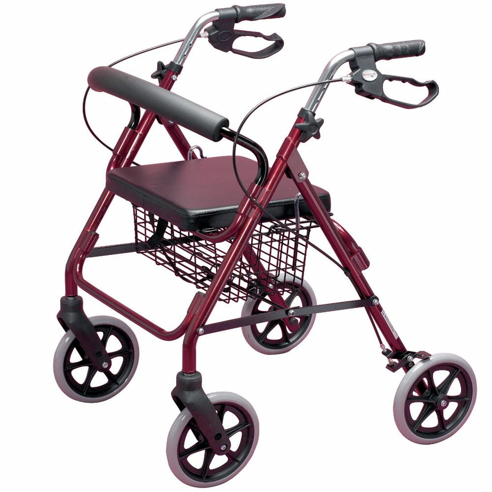 Days Four Wheeled Rollator Walking Aid With Seat Ruby Red 091169945 Sturdy With Metal Basket