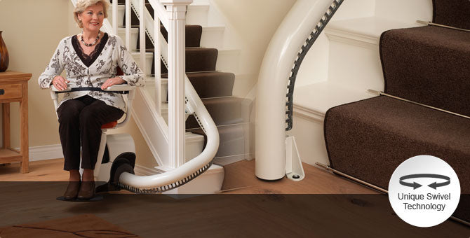 Access BDD Flow 2 A or Flow X Programmable Seat Curved Stairlift Spiral Narrow Staircase Stairs Reconditioned or New